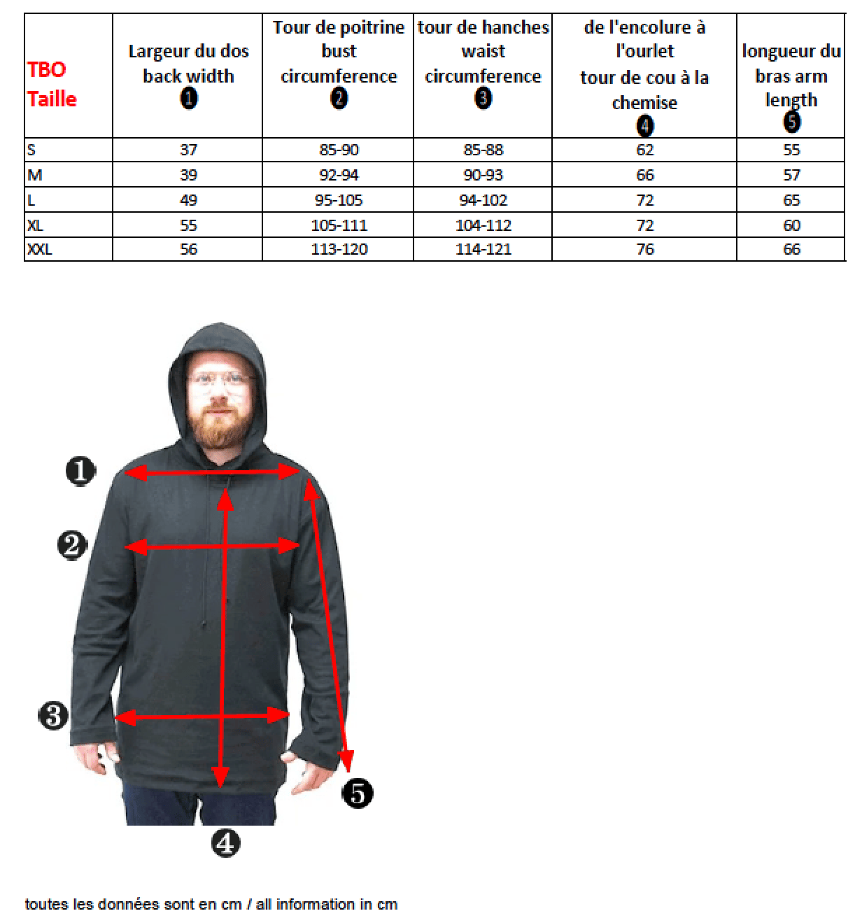 Guide des tailles du sweat-shirt à capuche anti-ondes en tissu black jersey - Yshield TBO